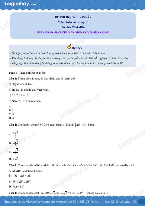 Đề thi học kì 1 Toán 10 cánh diều - Đề số 8